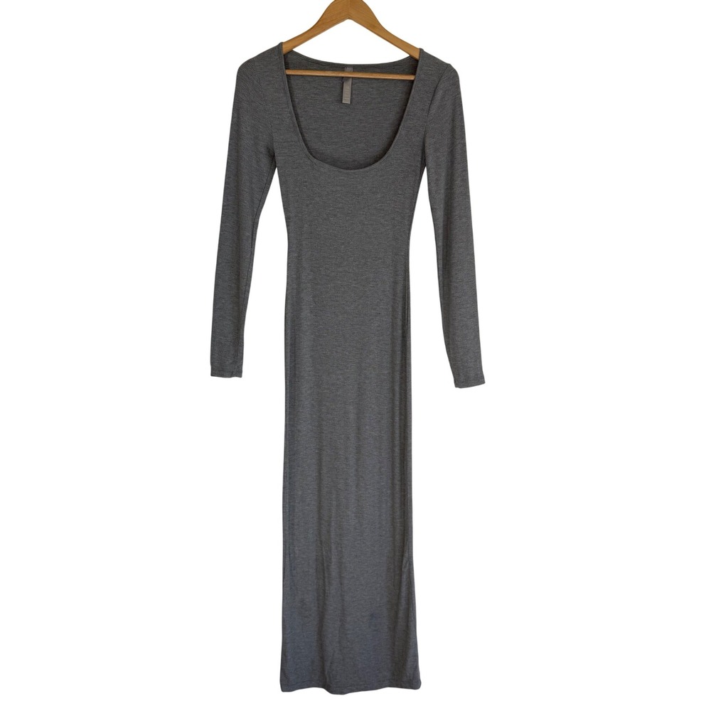 SKIMS Soft Lounge Long Sleeve Maxi Dress M Heather Grey Ribbed Modal Bodycon - Picture 2 of 12